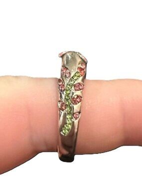 Vintage Floral Ring Silver Tone Pink Green Rhinestone Vine Like Size 9 Womens